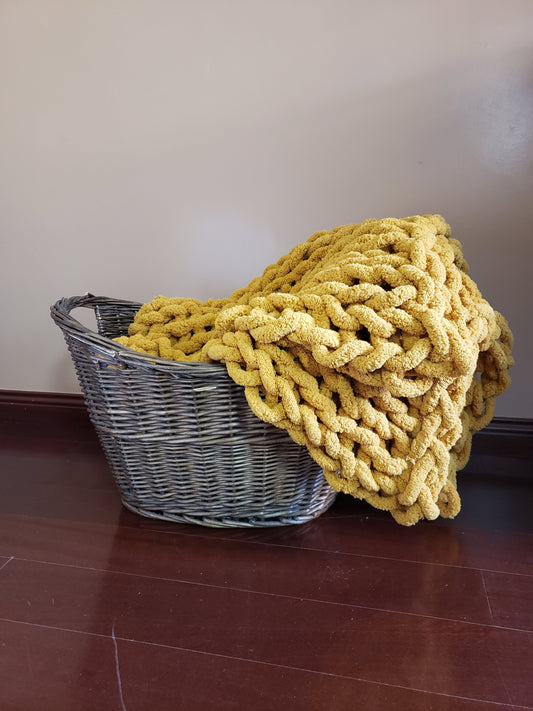 Chunky Hand Knitted Throw Blanket - Gold