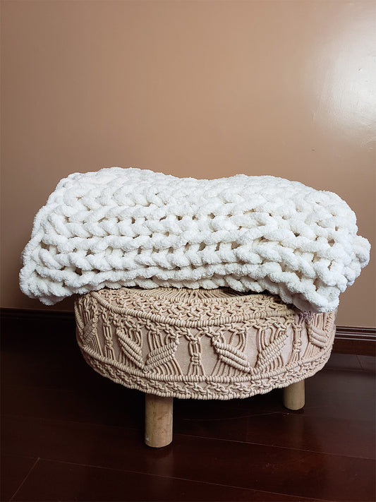 Chunky Hand Knitted Throw Blanket - White